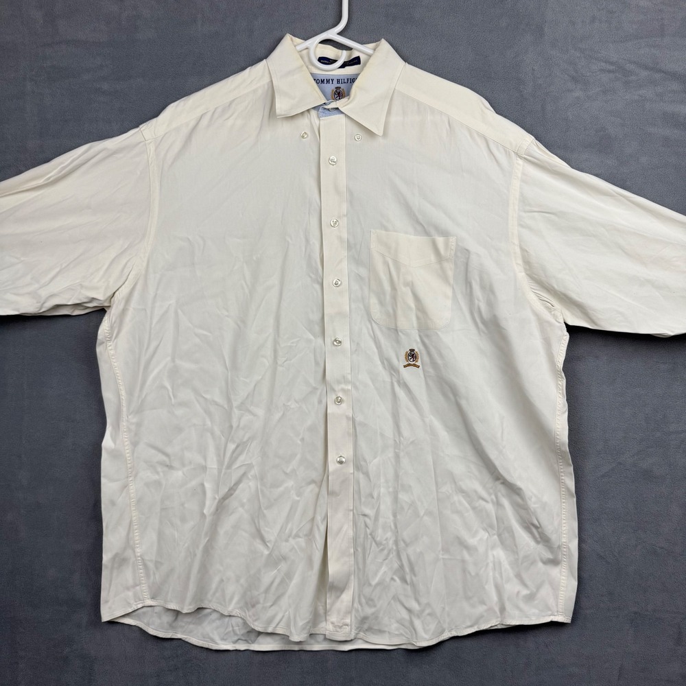 Vintage Tommy Hilfiger‎ Mens Cream Button Down Dress Shirt 17.5 33 Tailored Fit